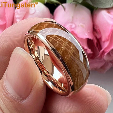 New Domed Polished 8mm Cool Whiskey Barrel Oak Wood Tungsten Comfort Fit Engagement Wedding Rings for Men Women - The Jewellery Supermarket
